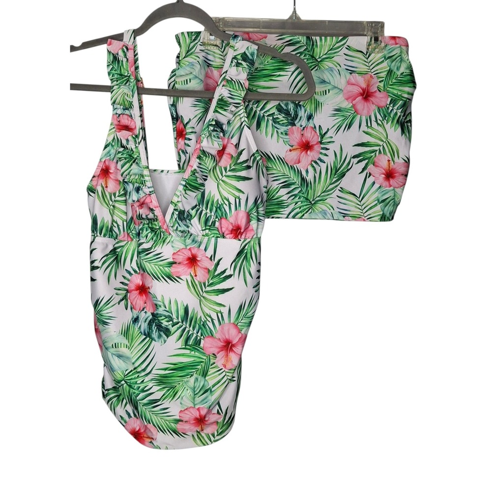 Tropical Hibiscus Palm Print Tankini Swim Skirt Set White Green Pink Large